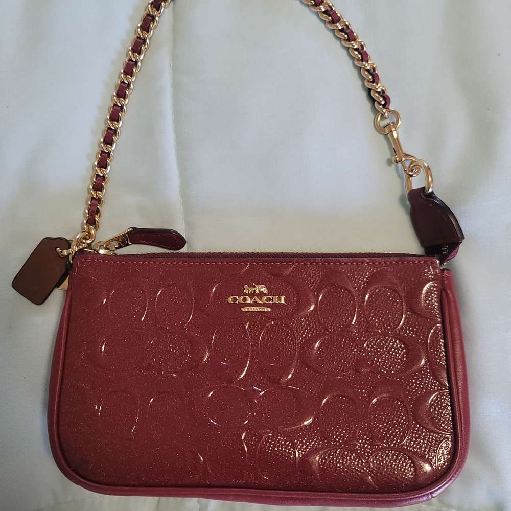 Coach Embossed Clutch in Deep Red with Gold Accents